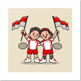 Cute Player Badminton Holding Indonesia Flag Cartoon Posters and Art